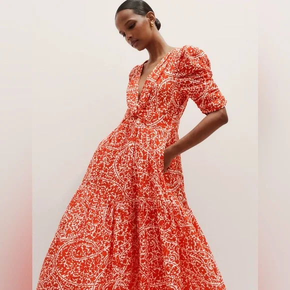 ME+EM | VGUC Cheesecloth Mono Paisley Print Maxi Dress Red Orange Cotton, US 14 - Picture 2 of 14